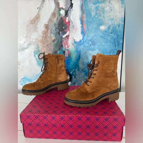 Tory Burch Miller 50MM Lug Sole Bootie Nat Suede/ Rhum-Port Women's Size 8.5 - Picture 10 of 12